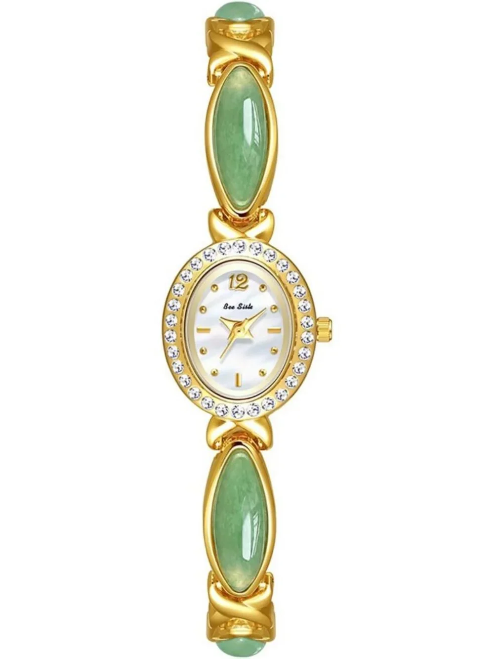 Women's Green Gold-Tone Bracelet Small Oval Face Vintage Dress Wrist Watches